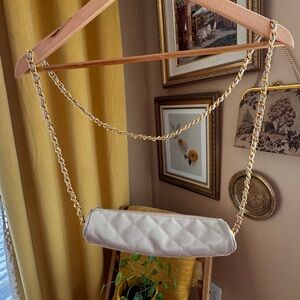 Vintage Quilted Grey Cylinder Bag/Purse with Gold Detailing Chain Detailing